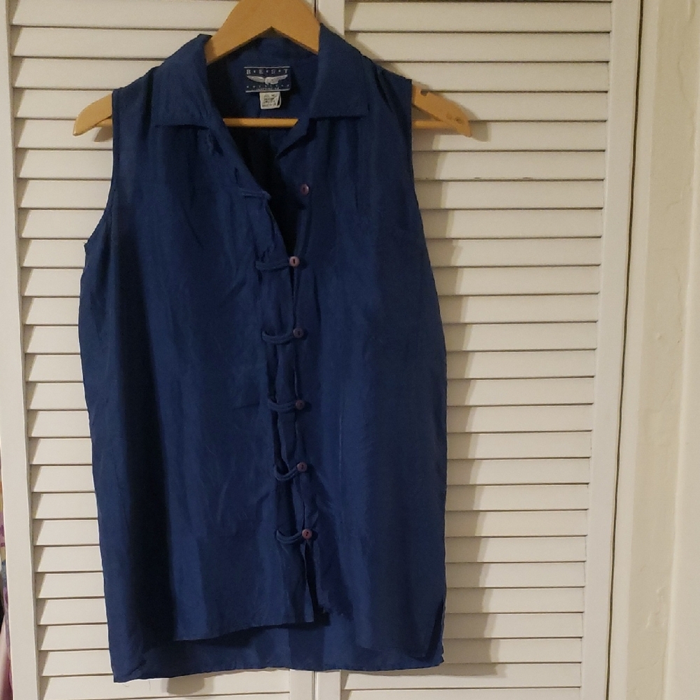 Vintage American Best Silk Navy Sleeveless Blouse with Button Detail